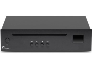 Hoogwaardige cd-speler Pro-Ject CD Box E zwart, vooraanzicht, rechthoekige behuizing, horizontale gleuf, 5 ronde knoppen, rechthoekig scherm