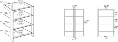 Norstone Design Ekar 4 hi-fi møbel med dimensioner i tommer, eksploderet forfra visning, der viser 4 hylder og strukturen