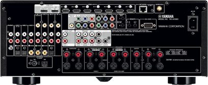 Yamaha RX-A1060 titanium home theater amplifier, front view, numerous inputs and buttons, digital display, front-facing view