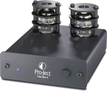 Pro-Ject Tube Box II sort forforstærker, set forfra, 2 vakuumrør, 4 drejeknapper, mat sort rektangulært metalkabinet