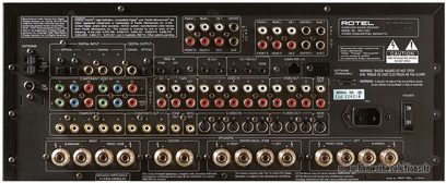 Rotel RSX-1067 surround receiver, forside, frontbillede, mange audio/video-indgange, knapper og justeringshjul