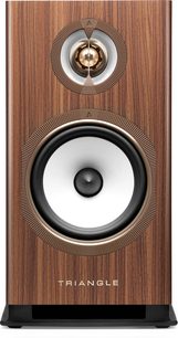 Diffusore da scaffale Triangle Solstice 3 teak, pannello frontale in legno scanalato, altoparlante bianco e tweeter concentrico bronzo