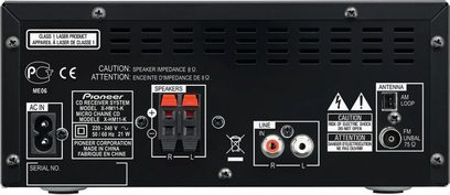 Mini Hi-Fi systém Pioneer X-HM11-K černý, zadní strana, audio konektory a anténa, tlačítka a kontrolky, štítky