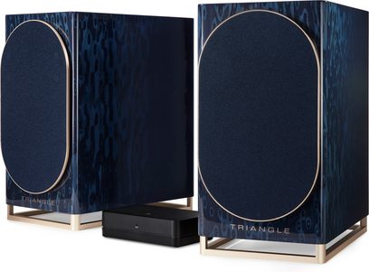Bezdrátová chytrá reproduktorová souprava Triangle Capella Bleu astral (pár), pohled zepředu, ovální přední mřížka, zlatý podstavec, černý kryt