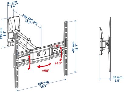 Vægmonteret, drejeligt TV-beslag i sort, set fra siden med mål i millimeter, arme udfoldet 90° og +10°, 400 mm lang