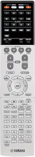 Black Yamaha remote control with multicolored buttons and LCD screen, front view