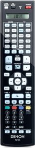 Denon RC-1185 schwarze Fernbedienung mit grauen Tasten und LCD-Bildschirm, auf dem "AVR" angezeigt wird