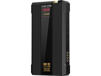 FiiO Q7 portable audio converter in black aluminum, three-quarter front view, ribbed body with a central glass panel displaying red and gold information, gold knurled knob on the top edge, and three hexagonal buttons aligned on the right side