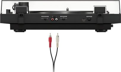 Siyah Sony PS-LX5BT pikap, şeffaf kapaklı arka görünüm ve kırmızı-beyaz RCA ses kablolarıyla