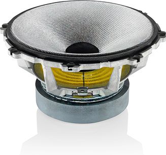 Bowers & Wilkins 606 sort højttaler, tværsnitsvisning der viser diskant, bas og kabinet i glasfiber