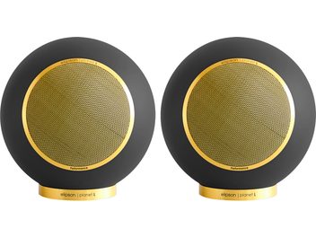 Elipson Planet L Performance 2.0 boghyldehøjttalere mat sort guld, sfærisk form, cirkulært guldgitter, guldbase