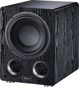 Subwoofer Alpha RS 8 černý s obdélníkovým tělem, texturovaným předním panelem, centrálním kruhovým reproduktorem a 2 kulatými basreflexovými otvory