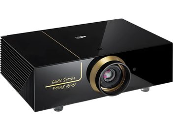 Vidéoprojecteur SIM2 CRYSTAL 4SH gold noir brillant, objectif cerclé de doré et grilles latérales, vue de trois quarts