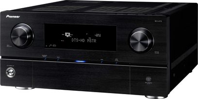 Pioneer SC-LX73 sort hjemmebiografsforstærker, front med blå LCD-skærm, sølvfarvede knapper og drejeknapper, 2 hovedtelefonstik
