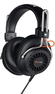 Åbent hi-fi hovedsæt Fostex TR-70 i sort, polstret hovedbøjle, brede cirkulære ørepuder, synlige transducere, snoet kabel