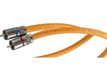 Van den Hul 3T The Mountain Hybrid orange RCA-lydkabel med dobbelt metalstik i rød og blå i nærbillede