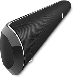JBL SB350 sort soundbar, set fra siden, forlænget buet form, sort gitter på forsiden
