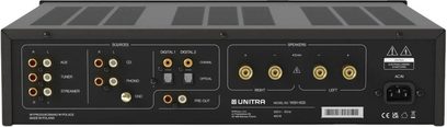 Ampli hi-fi stereo Unitra WSH-605 i sort metall, bakside, høyttalerterminaler, RCA, koaksial- og optisk inngang