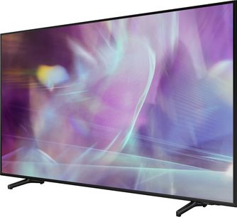 Samsung QE43Q65A 2021 fladskærms-TV, rektangulær fladskærm, smal sort ramme, set forfra, abstrakte lilla og blå mønstre