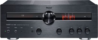 Amplificatore hi-fi stereo Magnat MA 900 nero, vista frontale, con pulsanti, manopole, display e due tubi a vuoto rosseggianti