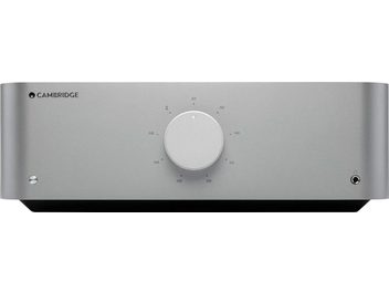 Cambridge Audio EDGE A metalen grijze stereo hi-fi versterker, vooraanzicht, centrale draaiknop, minimalistische voorkant