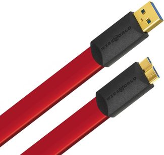 Dwa czerwone kable USB Wireworld Starlight 8 USB 3.0 A do micro B z czarnymi i złotymi złączami, widok z przodu