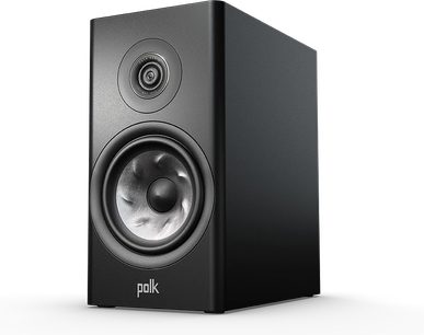 Regálová reprosoustava Polk Audio R100 černá, pohled zepředu, viditelný středobasový reproduktor a výškový reproduktor