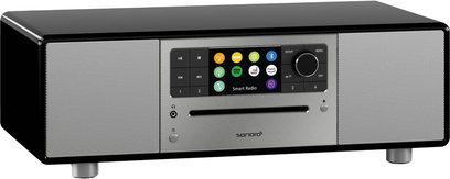 Sonoro Prestige radio, sort blank og sølvfarvet - frontvisning, farvetouchskærm, knapper, højttalere, sort og sølvfarvet finish