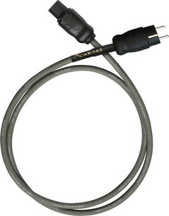Napájecí síťový kabel Cardas Iridium Power 1m, pohled shora, černé konektory, šedý kabel s bílými nápisy