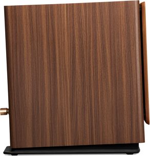Diffusore da scaffale Triangle Solstice 3 teak, vista di profilo, finitura teak con base nera e griglia laterale beige