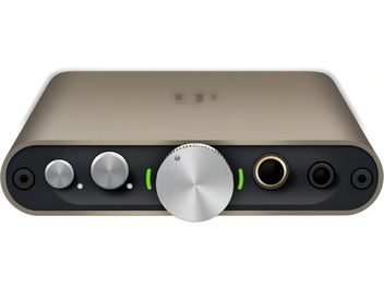 Convertor audio portabil iFi Audio Hip DAC 3, carcasă din aluminiu gri închis, panoul frontal cu mufe jack și LED-uri