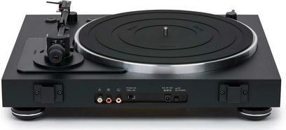 Giradischi hi-fi Thorens TD 101 A nero opaco, vista dall'alto, piatto girevole nero, braccio di lettura, pulsanti e connettori sul retro