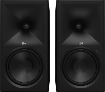 Coppia di diffusori Klipsch The Nines II neri, vista frontale con tromba quadrata e grande altoparlante