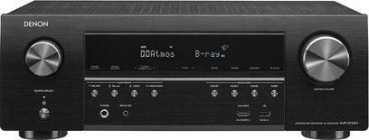 Denon AVR-S750H sort hjemmebiografsforstærker, frontpanel, frontvisning, knapper og stik, 2 drejeknapper, central skærm