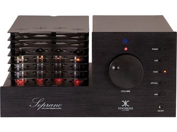 Amplificator hi-fi cu tuburi Synthesis Soprano alu negru, vedere frontală, vedere de sus, vedere din spate, tuburi vizibile, conectică aurie