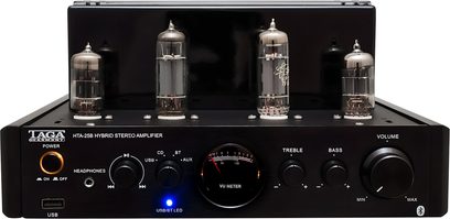 Stereo lampový zesilovač Taga Harmony HTA-25B černý, pohled zepředu s viditelnými elektronkami a centrálním VU metrem