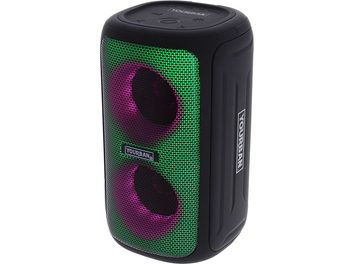 Enceinte bluetooth Yourban Getone 35 noire, vue de trois quarts, grille avant avec lumières vertes et violettes, boutons sur le dessus