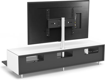 Juoda TV staliukas su integruotu TV stovu, 2 durelėmis, 2 stalčiais, pagamintas iš metalo ir stiklo, vaizdas iš priekio