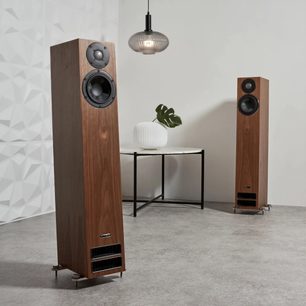 Kabelloser, verbundener Aktivlautsprecher Active twenty5.23i, Frontansicht, Holzfinish, 2 Lautsprecher, unteres Gitter, Metallfüße