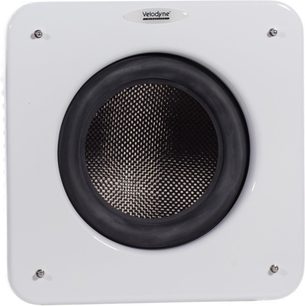 Subwoofer Velodyne MicroVee X branco, vista frontal com alto-falante preto central e cantos arredondados