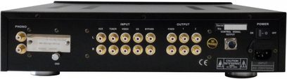 Sort Jolida Music Envoy stereo-forforstærker, bagside, forgyldte RCA-lydstik, kontakt, strømstik