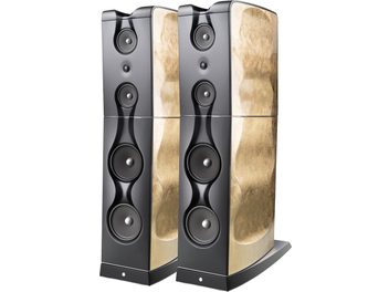 Standlautsprecher Gold Note XS-85 Blattgold, schwarz und gold, Lautsprecherfront im Dreiviertelprofil