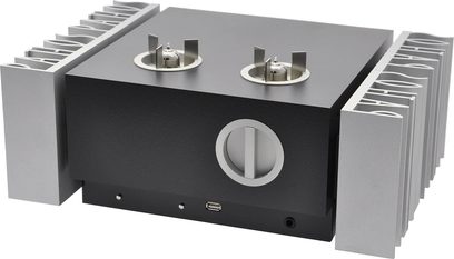 Amplificador de alta fidelidad estéreo Pathos InPol Remix MkII negro mate, vista superior, panel frontal con botones y tomas, dos tubos de vacío visibles