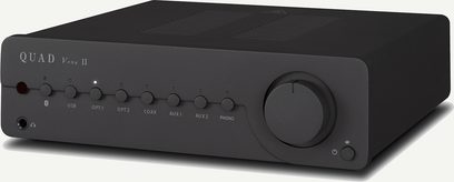 Antraatsithall Quad Vena II stereo-hifi-võimendi, esivaatest, esipaneel nuppude, kettaga ja esipaneeli pesadega