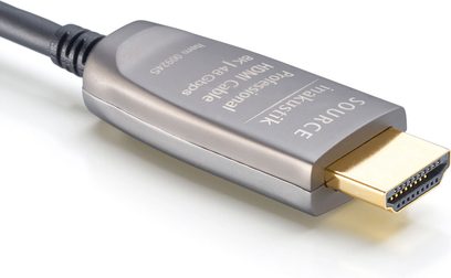 Optický HDMI kabel Inakustik 2.1 pro 100 m šedý, pozlacený konektor, detailní pohled na konec s vyznačenými technickými parametry