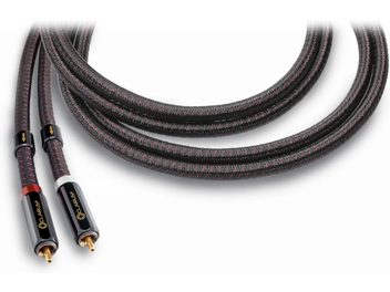 Kırmızı ve beyaz uçlu, altın kaplamalı konektörlere sahip, siyah ve kırmızı örgülü kılıflı 2m Clarus Crimson RCA analog ses kablosu