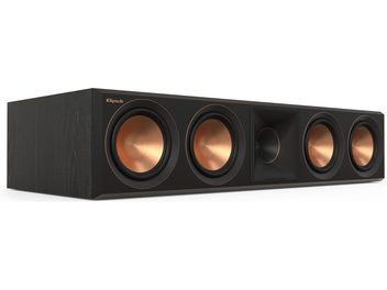 Klipsch RP-504C II ebony center speaker, ebony wood cabinet, 4 symmetrical copper-colored speakers, chrome logo