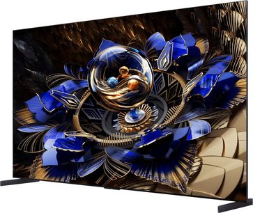 TCL 98X11K højopløsnings-tv i sort med ultratynd metalramme, stor fladskærm set i trekvart profil med to rektangulære sideben