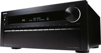 Onkyo TX-NR3009 sort hjemmebiografsforstærker, set forfra, blå skærm, sølvfarvede knapper og drejeknap, USB-port