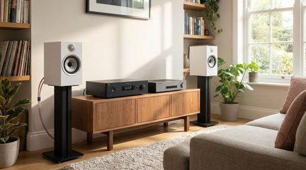 Hi-fi stereo komplet z belimi knjižnimi zvočniki na črnih stojalih v svetli skandinavski dnevni sobi